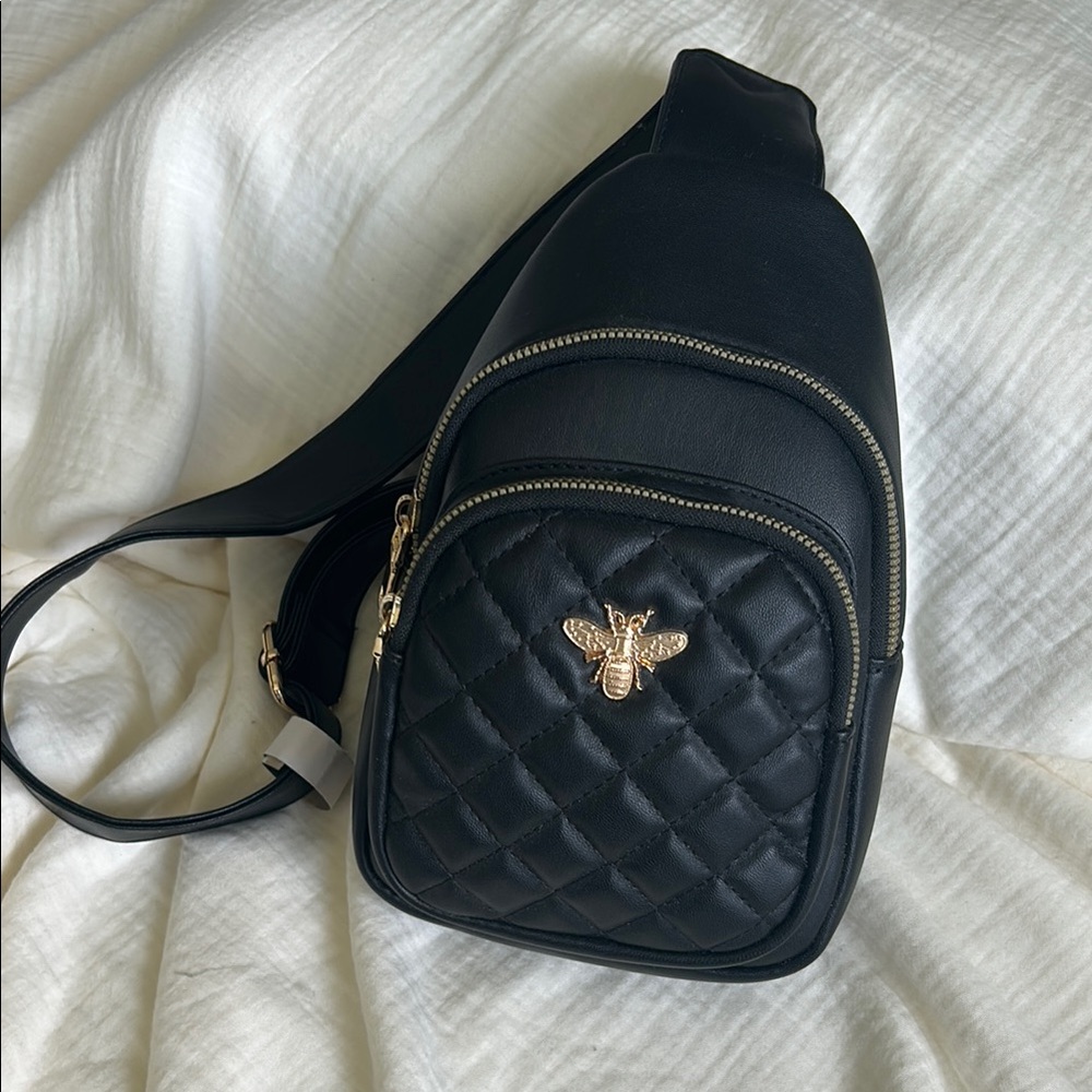 Black Quilted Crossbody Bag with Gold Bee Accent
